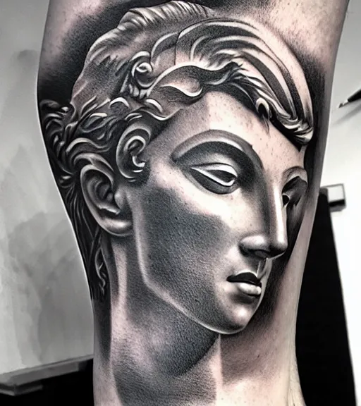 Image similar to tattoo design sketch of the statue of david broken, in the style of den yakovlev, realistic face, black and white, realism tattoo, hyper realistic, highly detailed