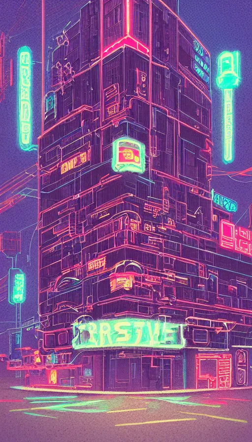 Image similar to a drawing of a building with a neon sign on top of it, cyberpunk art by james gilleard, behance contest winner, pixel art, voxel art, # pixelart, retrowave