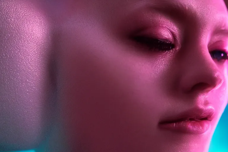 Prompt: VFX movie of a futuristic cyborg closeup portrait in high tech compound, beautiful natural skin neon lighting by Emmanuel Lubezki