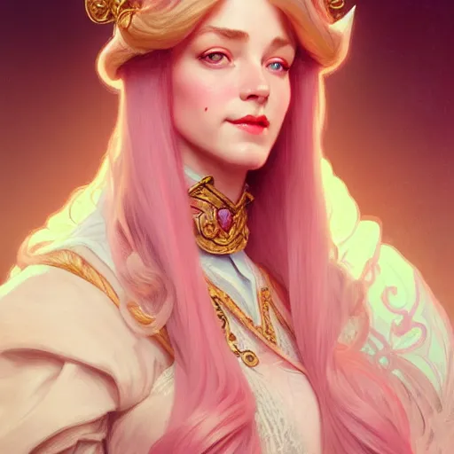 Image similar to aristocrat, subtle smile, female, d & d, fantasy, intricate, elegant, highly detailed, long pink hair, digital painting, artstation, octane render, concept art, matte, sharp focus, illustration, hearthstone, art by artgerm, alphonse mucha johannes voss