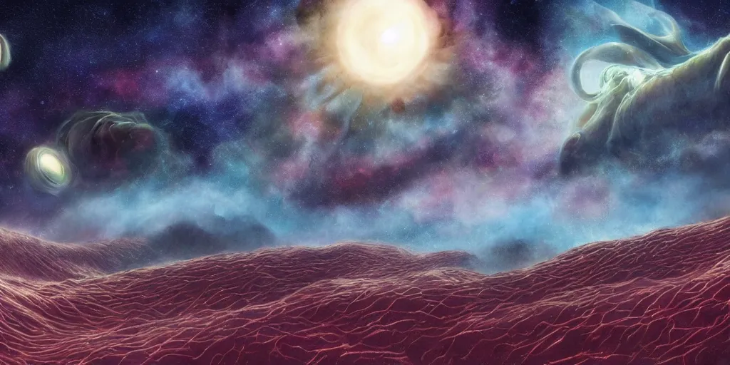 Image similar to giant cosmic space worms monsters, dune, many teeth, scary, nebulas in the background, bright stars, misty clouds, extremely detailed, beautiful, masterpiece