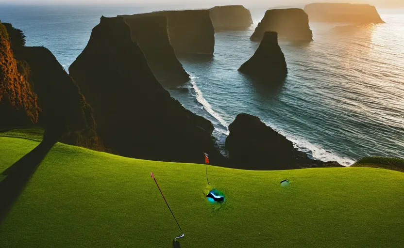 Image similar to a great photograph of the most amazing golf hole in the world, incredible light, cliffs by the sea, perfect green fairway, human perspective, ambient light, 5 0 mm, golf digest, top 1 0 0, fog