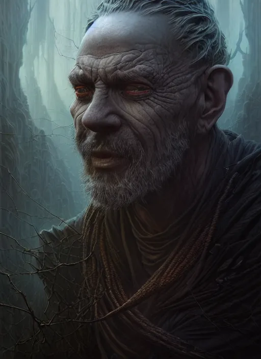 Image similar to portrait shot of a dark evil wizard in a scenic dystopian environment, intricate, elegant, highly detailed, centered, digital painting, artstation, concept art, smooth, sharp focus, illustration, artgerm, tomasz alen kopera, peter mohrbacher, donato giancola, joseph christian leyendecker, wlop, boris vallejo