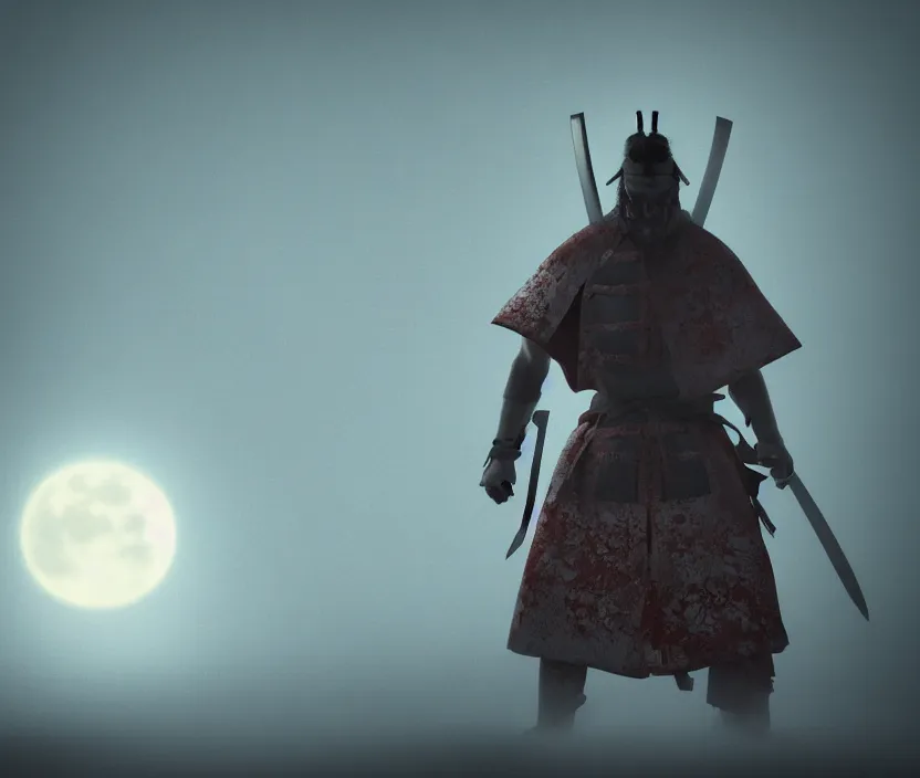 Image similar to 'a samurai! haunted by souls and ghosts with a big full moon on background , gloomy and foggy atmosphere, octane render, artstation trending, horror scene, highly detailded'