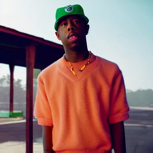 Prompt: a photo of tyler the creator in a wes anderson movie, dramatic, ektachrome, vintage, wide angle, warm color palette, light mode, 2. 5 - dimensional, 1 6 k, ultra - hd, megapixel, cga, rays of shimmering light, mist, screen space reflections