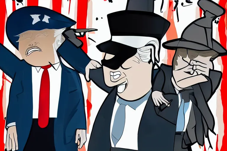 Image similar to 2 d poster illlustration donald trump and donald trump wearing trenchcoats and black spy hats for the movie spy vs spy