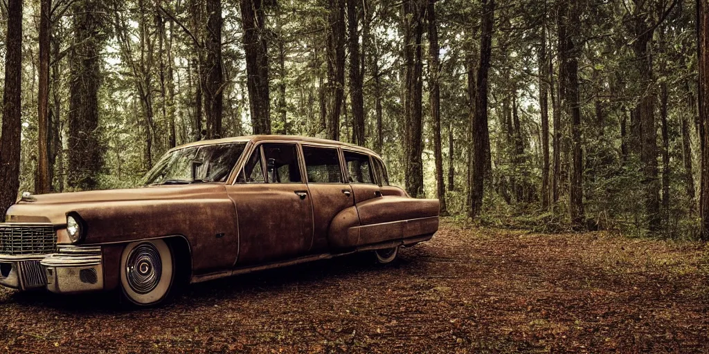 Image similar to a beautiful widescreen photo of a old cadillac in a dark forest, with a old laughing happy old man with long hair, long beard, in a dark forest low light, by dimitri mellos