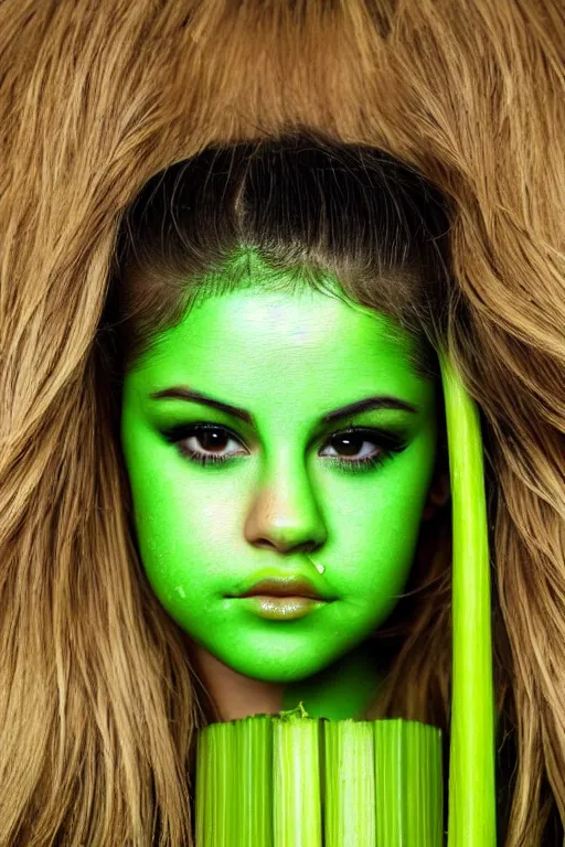 Image similar to close up headshot of selena gomez made out of celery, a human face with celery for hair, a bunch of celery sitting on a cutting board, professional food photography, selena gomez wearing green face paint