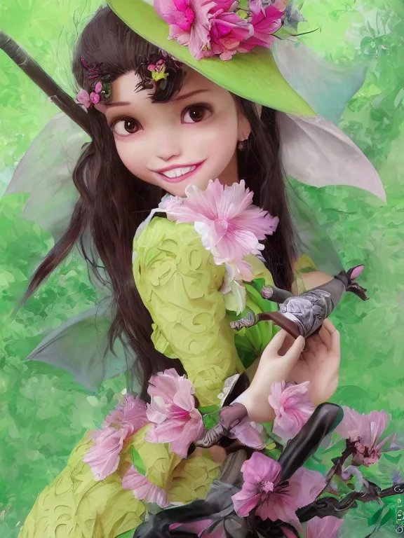 Prompt: Full shot of a cute mischievous young spring witch about to get up to some trouble with her playful bat familiar. Latin American fashion. Floral patterns. cherry blossoms. Pink and Lime Green palette. Magic. Latina girl. brown skin. defined facial features, symmetrical facial features. Smiling. By Ruan Jia and Artgerm and Range Murata and WLOP and Ross Tran and William-Adolphe Bouguereau. Key Art. Fantasy Illustration. award winning, Artstation, intricate details, realistic, Hyperdetailed, 8k resolution.