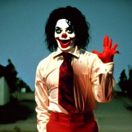 Prompt: a cinematic film still from a 1980s horror film about a Michael Jackson clown, vintage, color film still, moon lighting