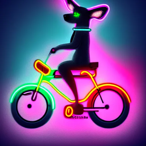 Prompt: dog riding a neon bike in the night, digital art, hd, high quality, trending on artstation