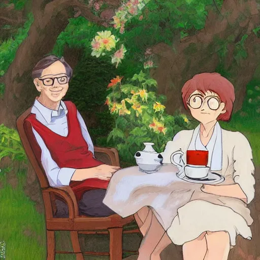 Prompt: drawing of Bill Gates crossdressing in linen dress while drinking tea, in the style of studio ghibli and Konstantin Razumov, fine details, high quality