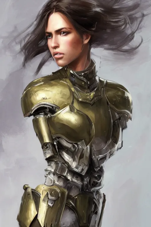 Image similar to a professional portrait of an attractive young female, clothed in military-style battle armor, olive skin, long dark hair, beautiful bone structure, symmetrical facial features, intricate, elegant, digital painting, trending on Artstation, concept art, smooth, sharp focus, illustration, finely detailed, from Metal Gear by Ruan Jia and Mandy Jurgens and Artgerm and William-Adolphe Bouguerea, award winning