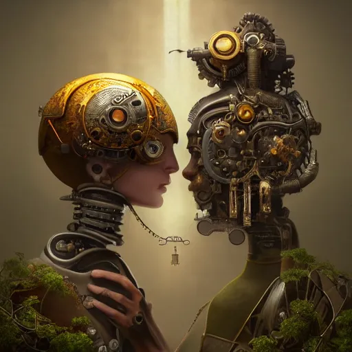 Image similar to a beautiful fine art RPG portrait photo of a mechanical industrial steampunk yin yang symbol, overgrown with morning glory flowers, montsera leaves by tom bagshaw and zach sutton, golden ratio composition, soft studio lighting, soft vignette, 50mm lens, very detailed, bionic, cybernetic scifi, deep depth of field, artstation, 8K