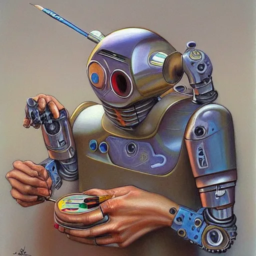 Image similar to robot artist artist painting a self portrait, color, by john howe