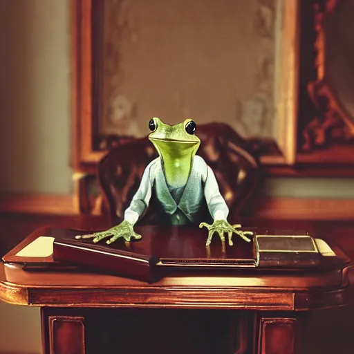 Prompt: 2 0 megapixels, aristocratic, vintage photo of an anthropomorphic perfect frog wearing a perfect suit sitting behind a perfect victorian desk, 1 9 4 0, professional photography, ultra detailed, beautiful, precise, close up