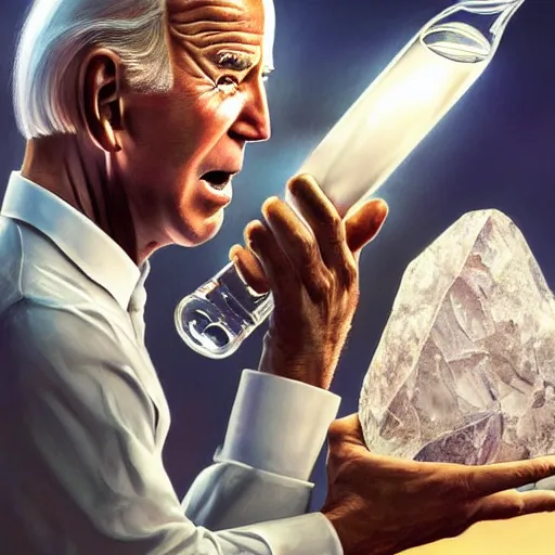 Prompt: UHD hyperrealism photo of Joe Biden holding up a big quartz crystal next to a glass bong, by Antonio Caparo and Todd McFarlane and Greg Rutkowski, UHD, photorealistic, trending on artstation, trending on deviantart, correct face