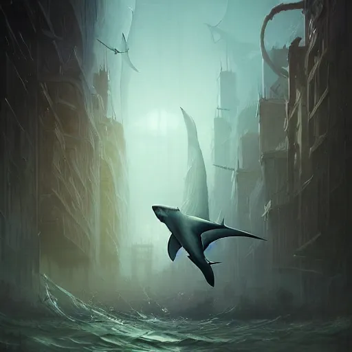 Image similar to professional ominous concept art portrait of a shark - human chimera character by artgerm and greg rutkowski. an intricate, elegant, highly detailed digital painting, concept art, smooth, sharp focus, illustration, in the style of simon stalenhag, wayne barlowe, and igor kieryluk.