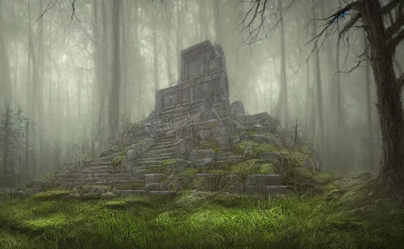 Prompt: mausoleum tall ruins, grass, fir forest, rainy, fog, highly detailed, digital painting, architecture, artstation, concept art, sharp focus, illustration, artgerm, rutkoswki