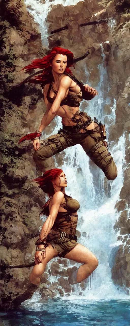 Image similar to tomb raider with red hair in front of a waterfall by frank frazetta and boris vallejo