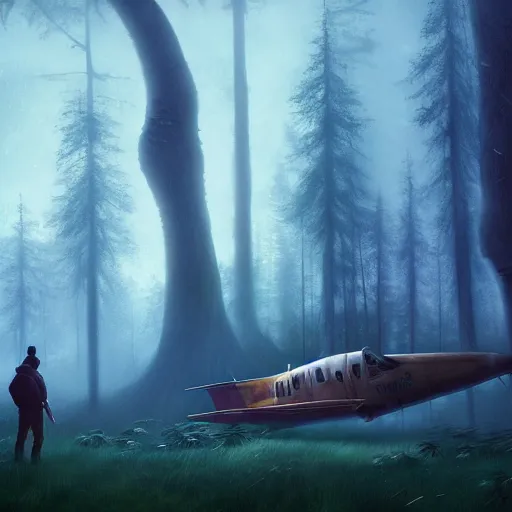 Image similar to a young pilot next to his crashed plane in a magical forest, with fog in the distance, steampunk, an epic fantasy, dramatic lighting, cinematic, establishing shot, extremely high detail, photorealistic, cinematic lighting, artstation, by simon stalenhag, christopher nolan