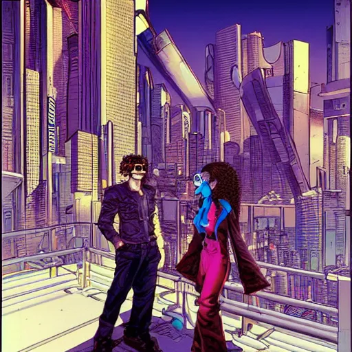 Prompt: Cyberpunk portrait of a curly-haired persian guy with golden round glasses and a cool petite caucasian brunette with straight hair in a cityscape of a futuristic city, by masamune shirow, Clear faces