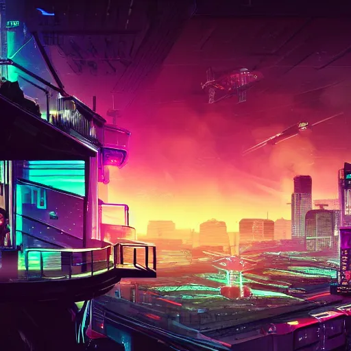 Image similar to Neon city, soldier standing on roof of large building, looking over city, spaceship landing, Colorful, cyberpunk, high detail, photo realistic, art station