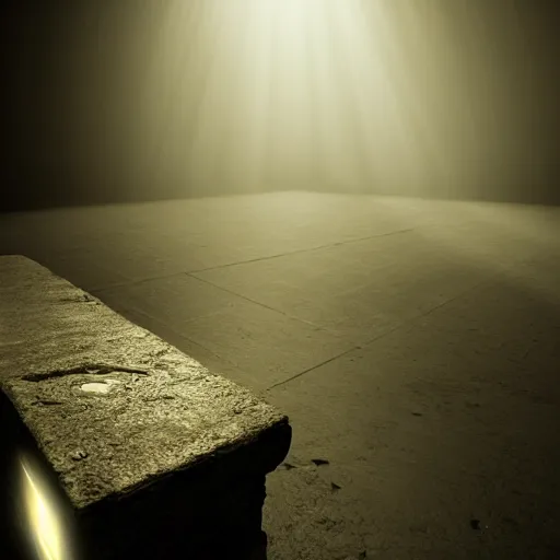 Prompt: an empty pedestal with a beam of light shining down on it in the middle of a dark underground room, flooded, surreal, liminal,