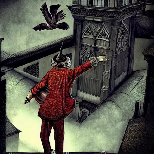 Image similar to a clown on the roof of the church playing with crows, by android jones and m. c. escher collaboration, futurist, digital art, dramatic lighting, symbolic