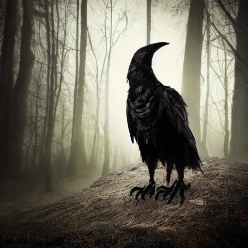 Image similar to werecreature consisting of a crow and a human, featured on artstation, photograph captured in a dark forest