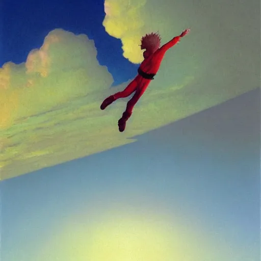 Image similar to atmospheric painting of a boy flying in the sky by moebius and john harris, atmospheric, concept art, saturation 2