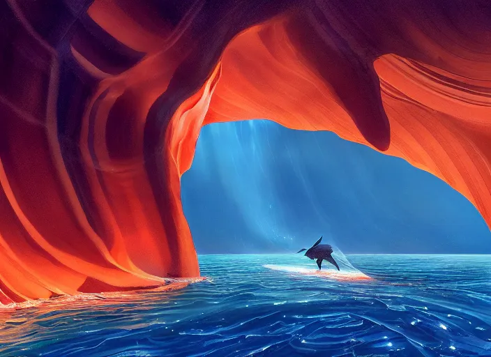 Image similar to enormous whale gliding elegantly through the Antelope Canyon on the Sea Of Stars of Vaadhoo Island Maldives, Bioluminescent sea plankton that shines royal gold during the night makes the sea area, glowing water, intricate, elegant, luxurious, digital painting, concept art, smooth, sharp focus, from Star Trek 2021, illustration, by WLOP and Ruan Jia and Mandy Jurgens and William-Adolphe Bouguereau, Artgerm