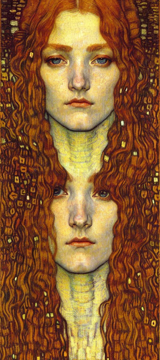 Image similar to detailed realistic beautiful young medieval queen face portrait by jean delville, gustav klimt and vincent van gogh, art nouveau, symbolist, visionary, gothic, pre - raphaelite, muted earthy colors, desaturated