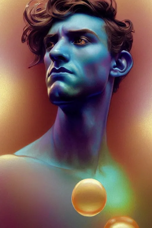 Image similar to bust of a man , strong boy, gradient rainbow, dreamy and ethereal, blue eyes, golden ratio, peaceful expression, ornate frilly dress, fantasy, intricate, elegant, rainbow bubbles, highly detailed, digital painting, artstation, concept art, smooth,b sharp focus, illustration, art by artgerm and greg rutkowski and alphonse mucha