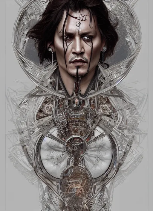 Image similar to symmetry!! johnny depp, machine parts embedded into face, intricate, elegant, highly detailed, digital painting, artstation, concept art, smooth, sharp focus, illustration, art by artgerm and greg rutkowski and alphonse mucha, 8 k