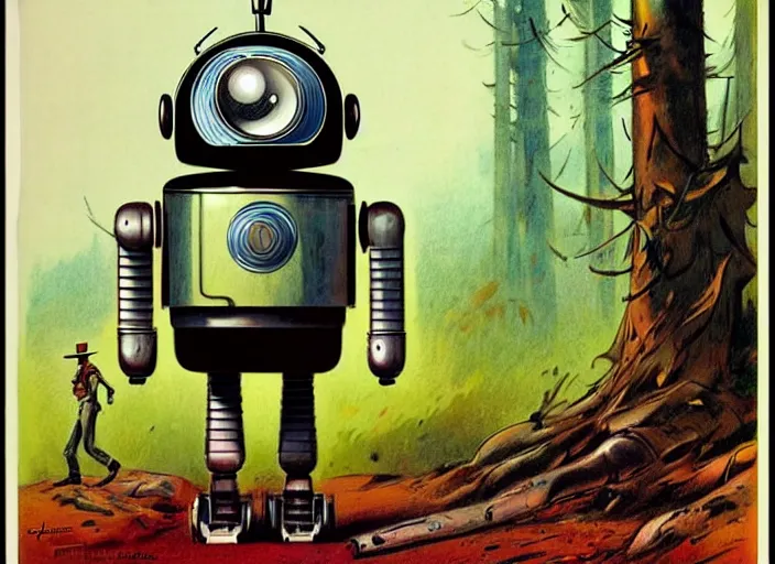 Image similar to 1 9 5 0 s retro - future robot android, forrest in background, muted colors, by jean baptiste monge, chrome red