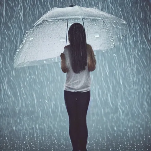 Prompt: Girl standing in a rainy weather with tiny droplets falling