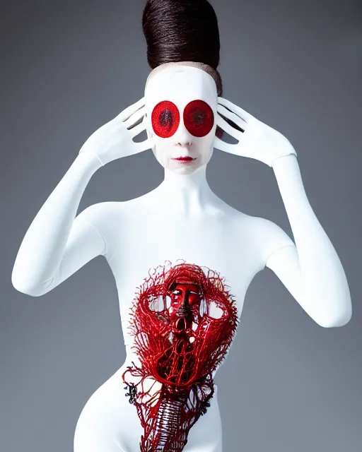 Image similar to portrait of a woman wearing a white embroidered translucent silicone mask and white red frizzy hair buns, wearing a black bodysuit by alexander mcqueen, cream white background, soft diffused light, biotechnology, humanoide robot, bjork aesthetic, translucent, by rineke dijkstra, intricate details, highly detailed, masterpiece,