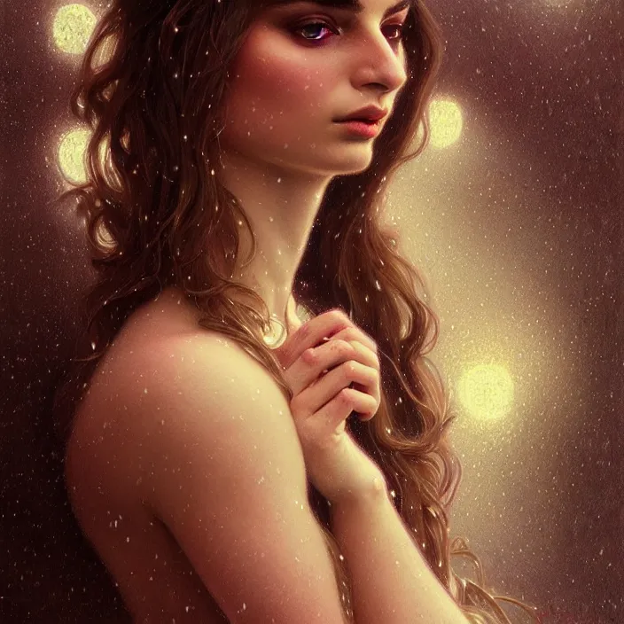 Image similar to psychedelic snowfall Emily Ratajkowski, diffuse lighting, fantasy, intricate, elegant, highly detailed, lifelike, photorealistic, digital painting, artstation, illustration, concept art, smooth, sharp focus, art by John Collier and Albert Aublet and Krenz Cushart and Artem Demura and Alphonse Mucha