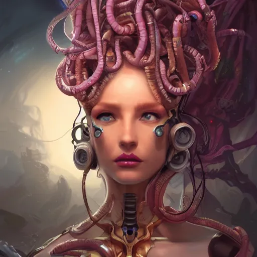 Prompt: a portrait of a beautiful cybernetic medusa, cyberpunk concept art by pete mohrbacher and wlop and artgerm and josan gonzales, digital art, highly detailed, intricate, sci-fi, sharp focus, Trending on Artstation HQ, deviantart, unreal engine 5, 4K UHD image