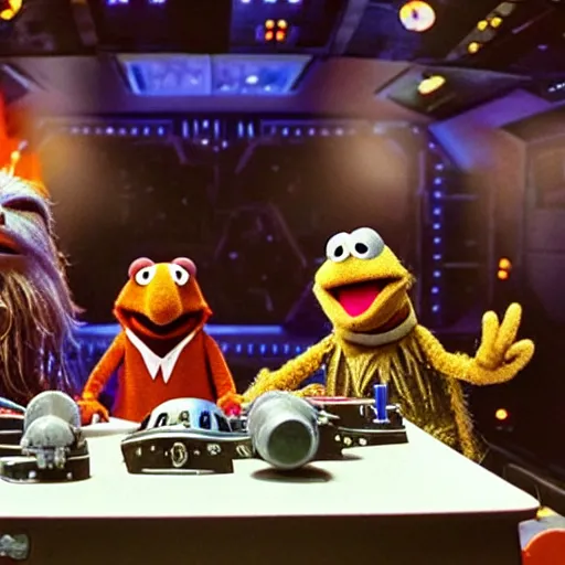 Prompt: muppets in a star wars movie scene, laser , explosions, movie stage setup, 8k