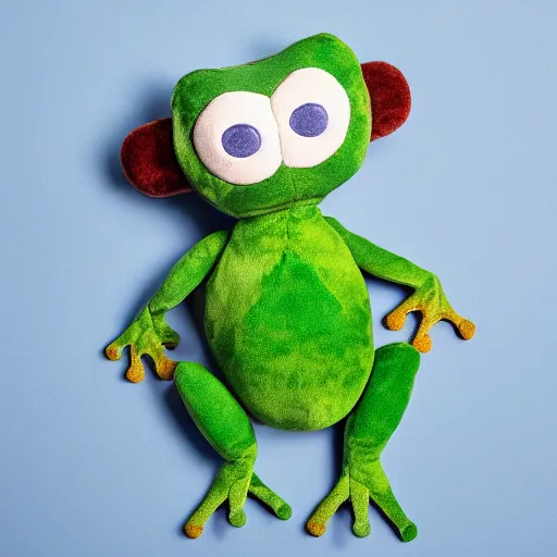 Prompt: a cute fuzzy frog plushy with large cartoon eyes, studio lighting, 4K photograph