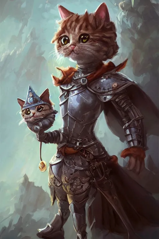 Image similar to cute little anthropomorphic cat knight wearing a cape and a crown, tiny, small, miniature cat , baby animal, short, pale blue armor, cute and adorable, pretty, beautiful, DnD character art portrait, matte fantasy painting, DeviantArt Artstation, by Jason Felix by Steve Argyle by Tyler Jacobson by Peter Mohrbacher, cinematic lighting