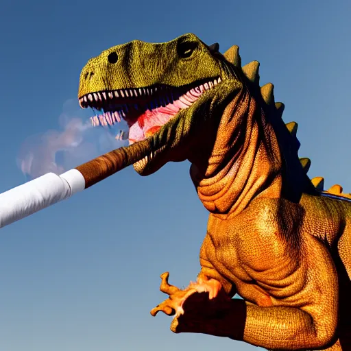 Image similar to dinosaur smoking a cigarette and blowing smoke realistic 8 k hdr 3 5 mm