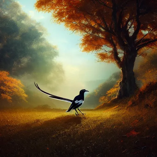 Prompt: magpie bird, urraca in avila, green fields, fall season, 4 k, concept art, by wlop, ilya kuvshinov, artgerm, krenz cushart, greg rutkowski, pixiv. cinematic dramatic atmosphere, sharp focus, volumetric lighting, cinematic lighting, studio quality