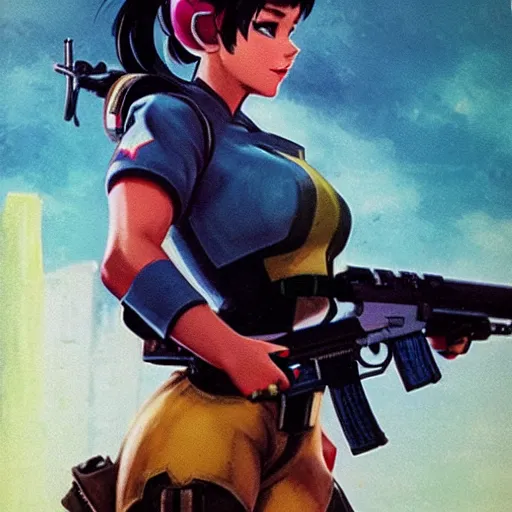 Image similar to d. va from overwatch holding ak 4 7 rifle, ektachrome bomber jacket, frank frazetta style