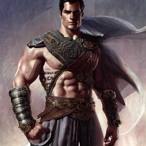 Prompt: Henry Cavill as a warrior, D&D, muscular, fantasy, intricate, thighs, elegant, highly detailed, digital painting, artstation, concept art, smooth, sharp focus, illustration, art by artgerm and greg rutkowski and alphonse mucha