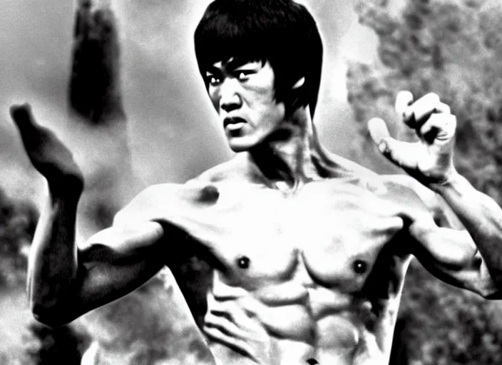 Image similar to Bruce Lee vs. a gigantic dragon, kung-fu film, vintage, martial arts, urban fantasy