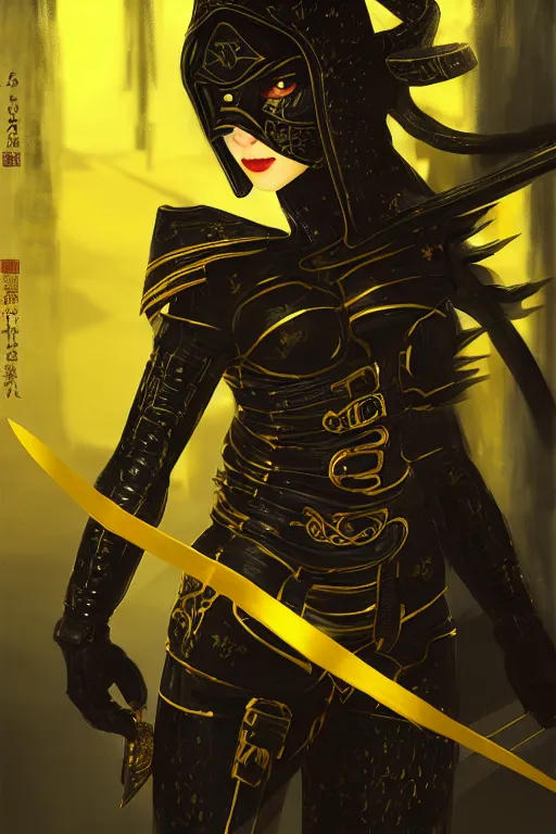 Image similar to portrait Ninja gaiden girl, armored black and yellow ninja wardrobe, in ruin japanese rainny temple night, ssci-fi and fantasy, intricate and very very beautiful and elegant, highly detailed, digital painting, artstation, concept art, smooth and sharp focus, illustration, art by tian zi and WLOP and alphonse mucha