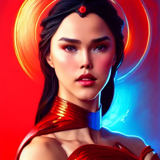 Image similar to catriona gray as darna, volumetric lights, red and cyan theme, art nouveau botanicals, intricate, highly detailed, digital painting, artstation, concept art, smooth, sharp focus, cinematic, illustration, beautiful face, art by artgerm and greg rutkowski and alphonse mucha